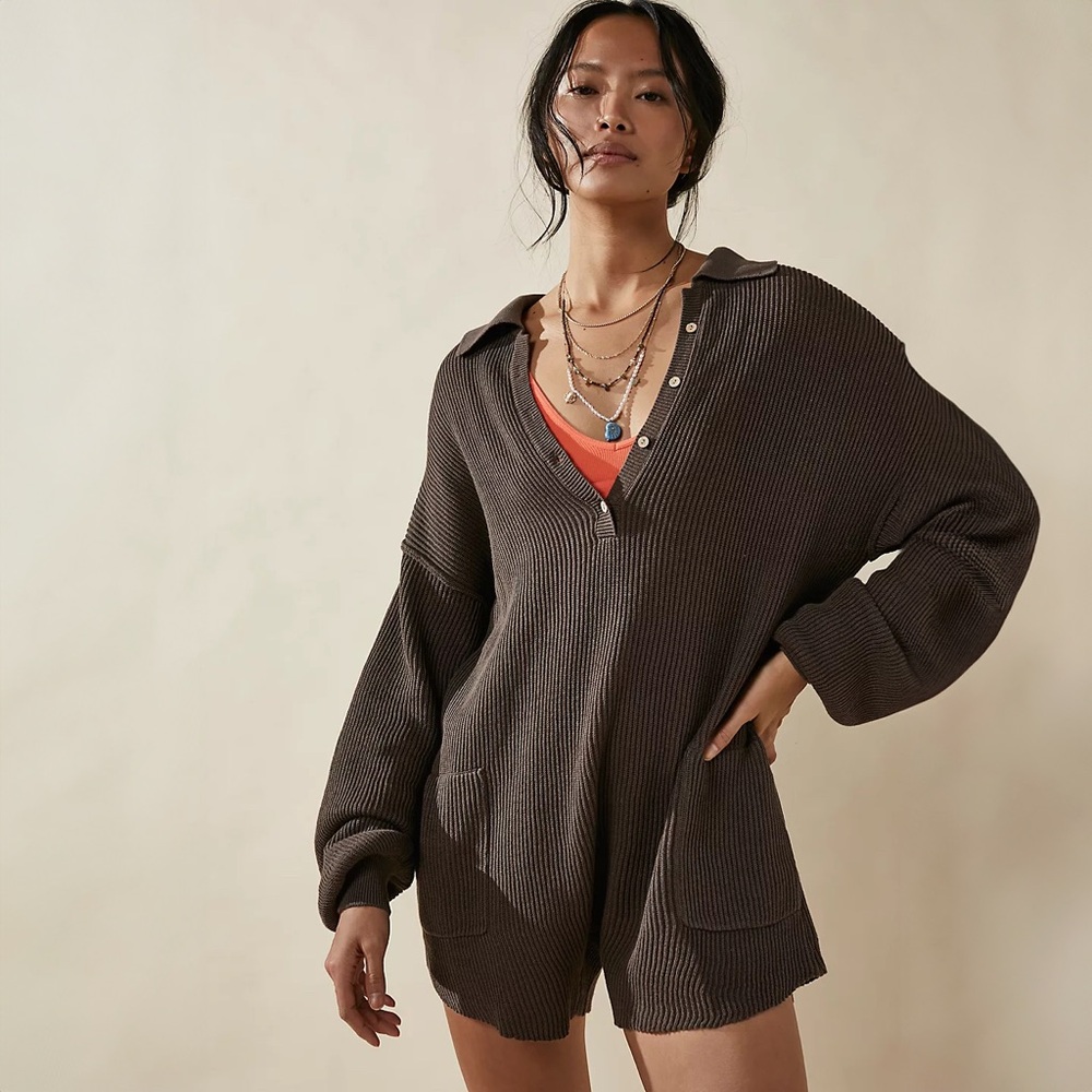 Relaxed Waffle-Knit Romper in Chocolate Brown